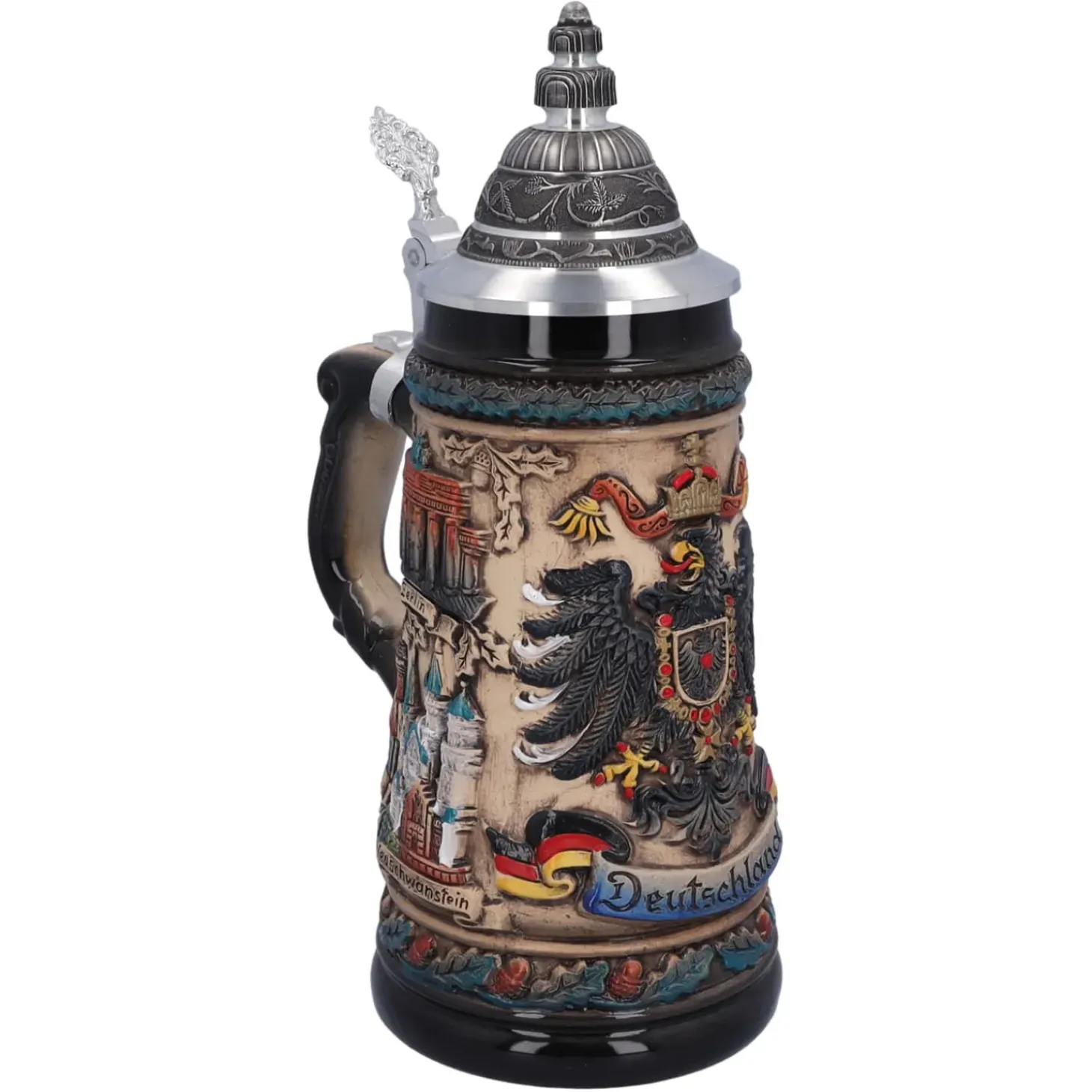 Bierkrug Mit Zinndeckel "Deutschland", Bunt-Natur, 0,5L